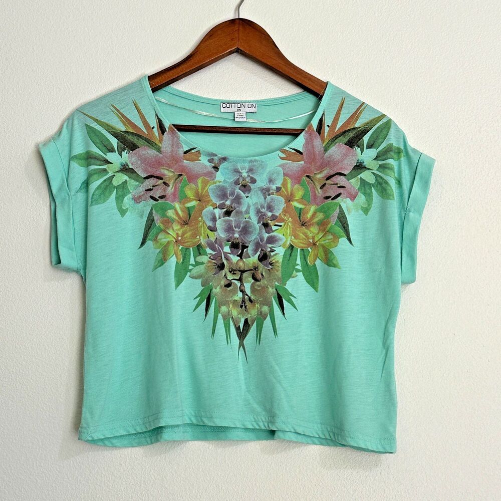 Cotton On Women's Cropped Top T-Shirt Green Flower Short Sleeve‎ size XS